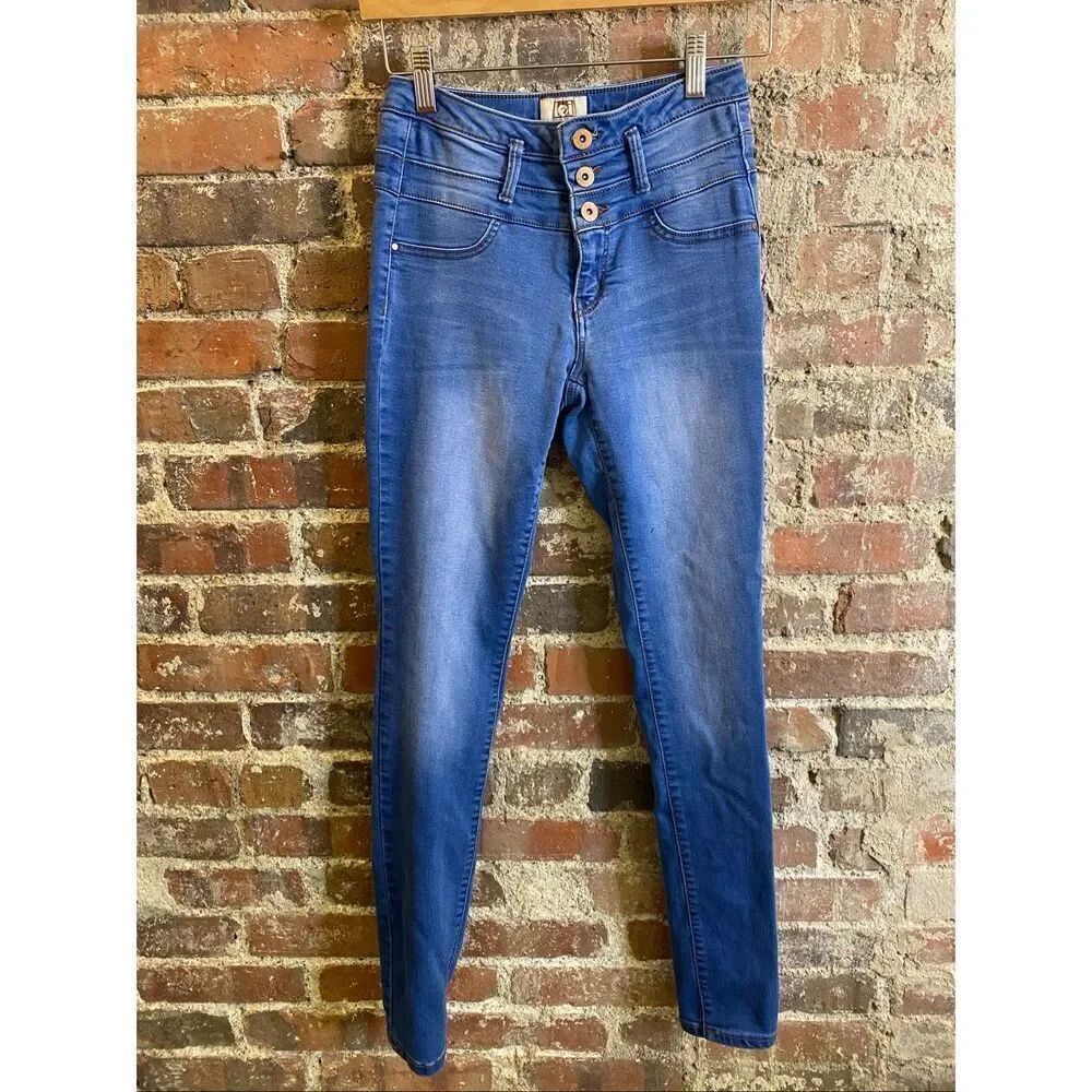 l.e.i. • Blue High Waisted Triple Button Skinny Jeans • Size 5
